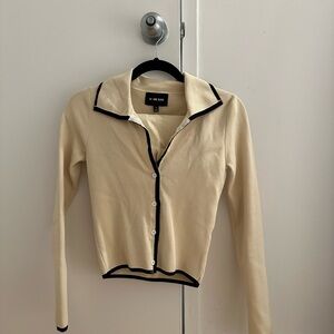 Beige & Black Button-Up Cardigan + Skirt Set